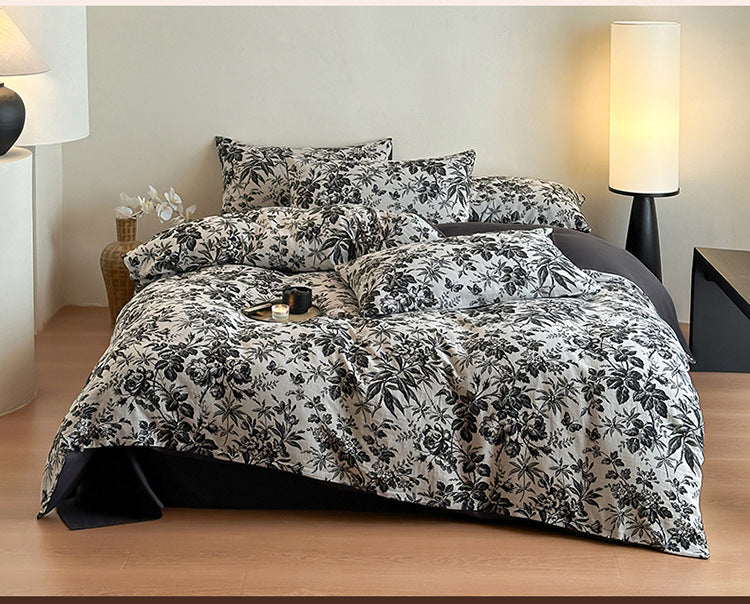 Leopard Print Double Layer Gauze Pure Cotton Black and White Botanical Jacquard Four-Piece Set