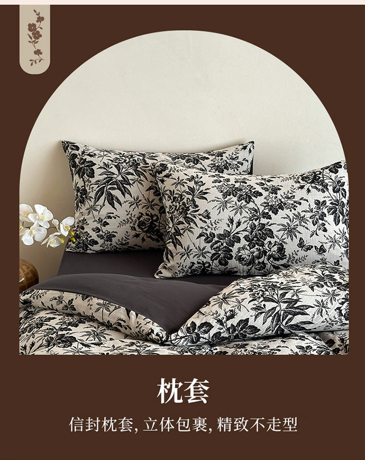 Leopard Print Double Layer Gauze Pure Cotton Black and White Botanical Jacquard Four-Piece Set