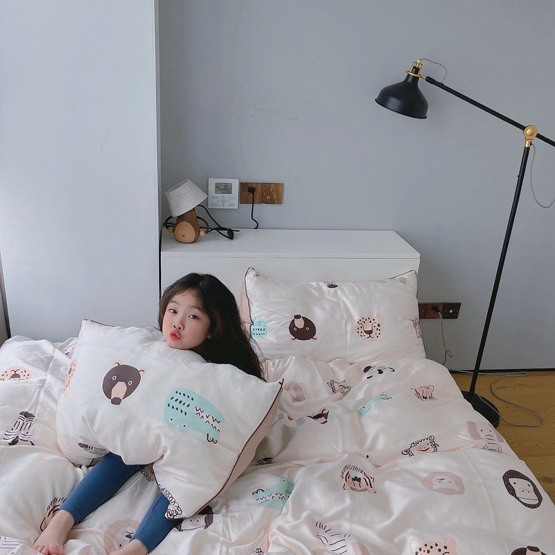 Cartoon 60 PCs Tencel Four-Piece Set Super Silky Ice Silk Cool Feeling for Children