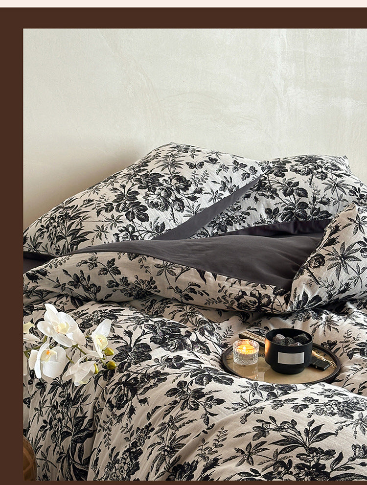 Leopard Print Double Layer Gauze Pure Cotton Black and White Botanical Jacquard Four-Piece Set