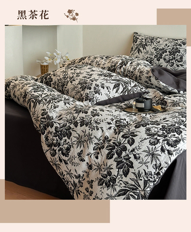 Leopard Print Double Layer Gauze Pure Cotton Black and White Botanical Jacquard Four-Piece Set