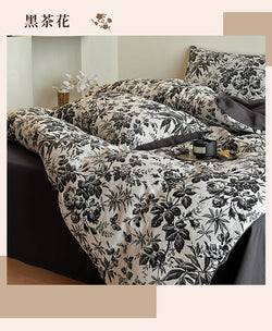 Leopard Print Double Layer Gauze Pure Cotton Black and White Botanical Jacquard Four-Piece Set