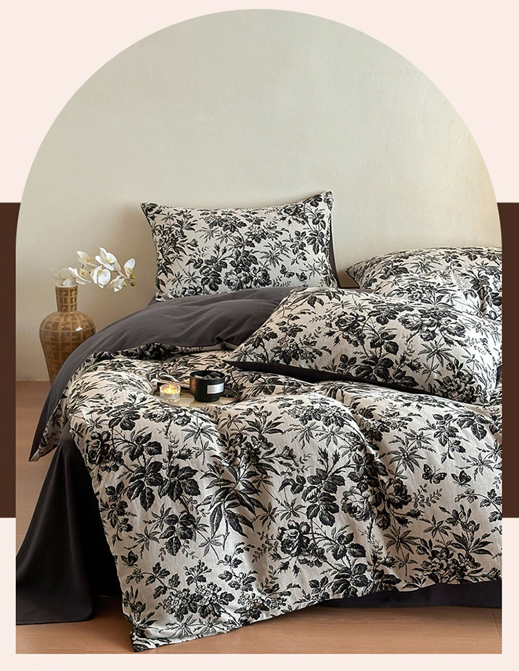 Leopard Print Double Layer Gauze Pure Cotton Black and White Botanical Jacquard Four-Piece Set
