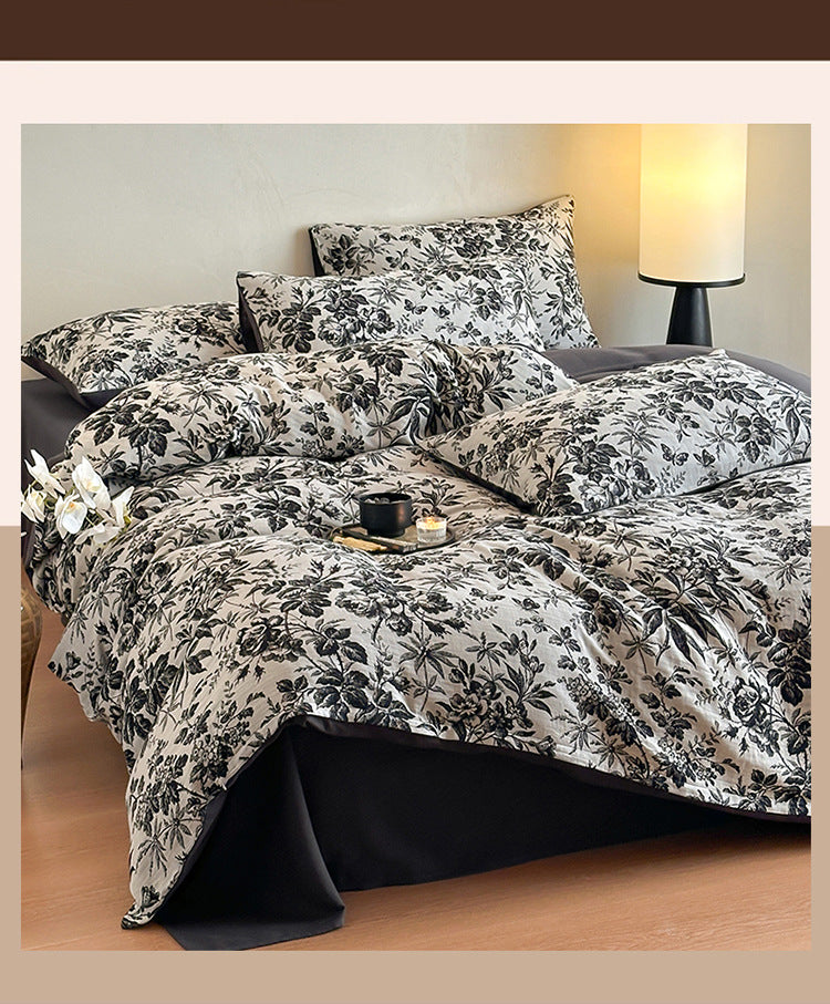 Leopard Print Double Layer Gauze Pure Cotton Black and White Botanical Jacquard Four-Piece Set