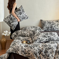 Leopard Print Double Layer Gauze Pure Cotton Black and White Botanical Jacquard Four-Piece Set
