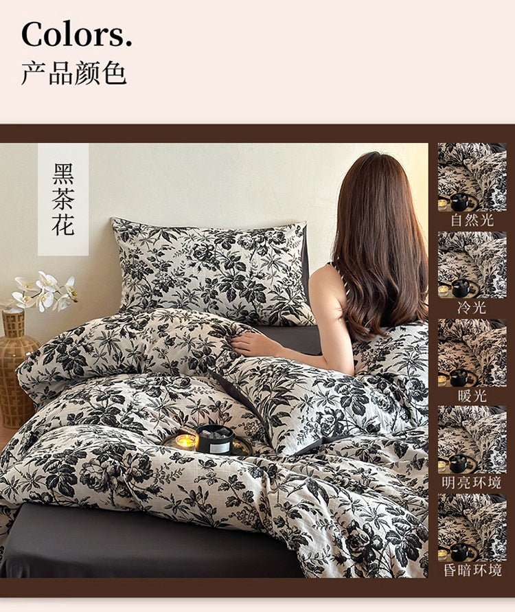 Leopard Print Double Layer Gauze Pure Cotton Black and White Botanical Jacquard Four-Piece Set