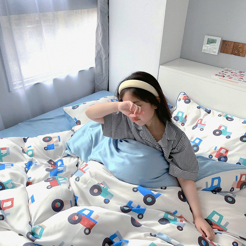 Cartoon 60 PCs Tencel Four-Piece Set Super Silky Ice Silk Cool Feeling for Children